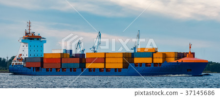 Blue container ship underway Blue container ship underway 37145686