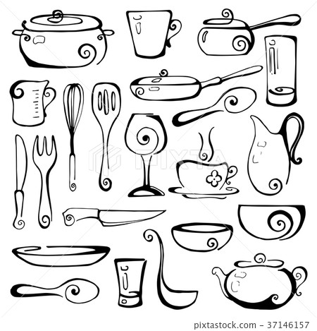Set of hand drawn cookware. Vector illustration. - Stock Illustration ...
