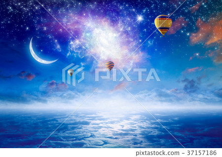 Hot air balloons in sky with stars, crescent moon Hot air balloons in sky with stars, crescent moon 37157186