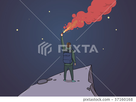Tourist with the flare on a mountain looking at 37160168