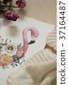 Workspace. Exotic flowers and flamingo painted 37164487