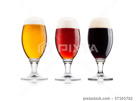 Cold glasses of lager stout and red beer with dew Cold glasses of lager stout and red beer with dew 37165782
