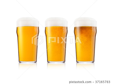 Cold glasses of lager beer with foam and dew 37165783