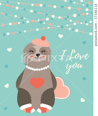 Holiday card with cute girl sloth in love Holiday card with cute girl sloth in love 37166118