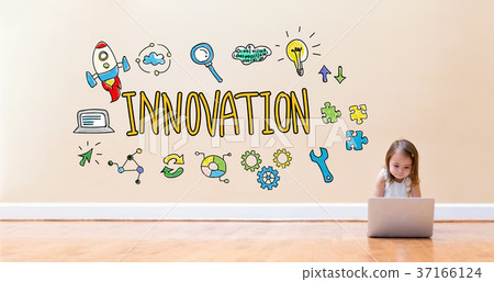 Innovation text with little girl using a laptop 37166124