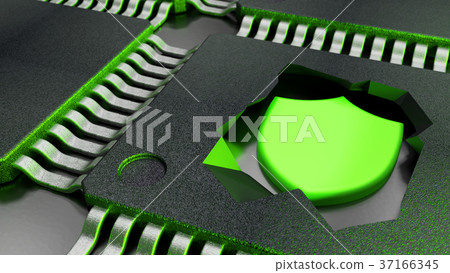 Cracked open CPU reveals a green shield symbol  37166345