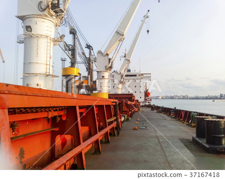 View of the sea and city beach from the port quay 37167418