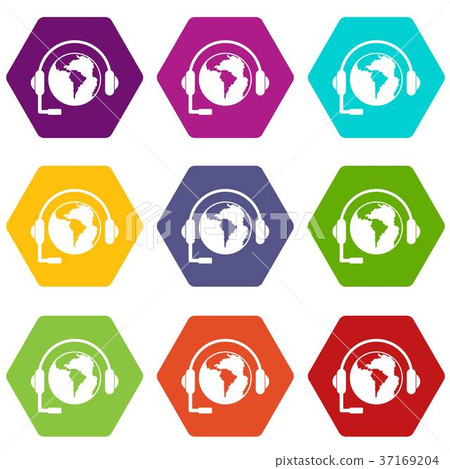 World planet and headset icon set color hexahedron 37169204