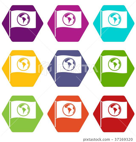 Flag with world planet icon set color hexahedron 37169320