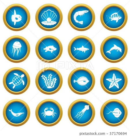 Sea animals icons blue circle set Sea animals icons blue circle set 37170694