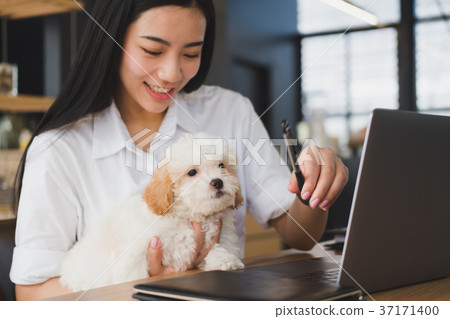 woman holding adorable dog at cafe restaurant. female teenager student with pet & computer at coffee shop. people, animal, lifestyle concept woman holding adorable dog at cafe restaurant. female teenager student with pet & computer at coffee shop. people, animal, lifestyle concept 37171400