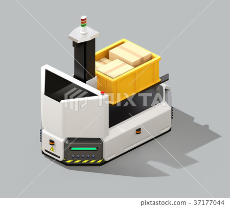 與鏟車的無人載體AGV在灰色背景。智能工廠的概念 與鏟車的無人載體AGV在灰色背景。智能工廠的概念 37177044