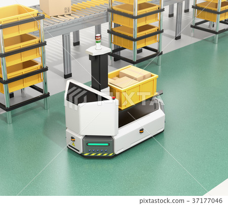Forklift AGV transporting forklifts into the factory. Smart factory concept Forklift AGV transporting forklifts into the factory. Smart factory concept 37177046