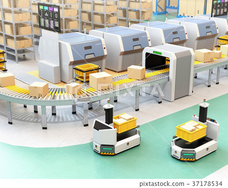 叉車AGV運輸叉車進入工廠。智能工廠的概念 37178534