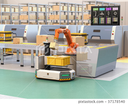 Loaded from the line is carried by the robot arm to the AGV automated guided vehicle. Smart factory concept Loaded from the line is carried by the robot arm to the AGV automated guided vehicle. Smart factory concept 37178540