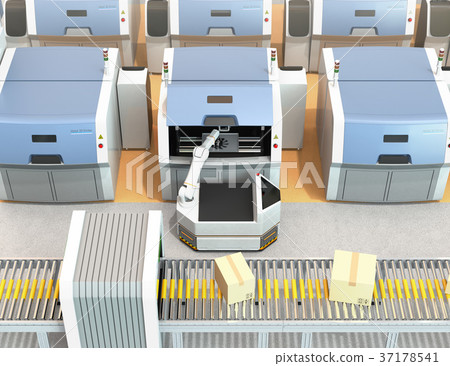 無人轉移車AGV用機器人臂從3D打印機取出模製部件。智能工廠的概念 37178541