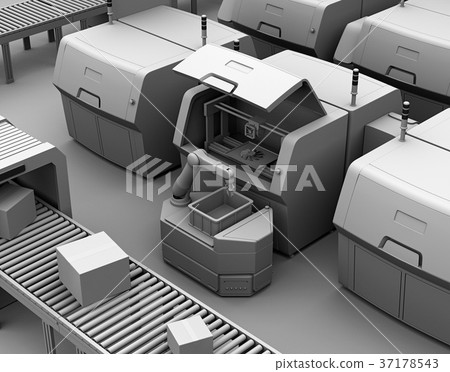 一個灰色陰影圖像,其中AGV從帶有機器人手臂的3D打印機中取出模製零件 一個灰色陰影圖像,其中AGV從帶有機器人手臂的3D打印機中取出模製零件 37178543