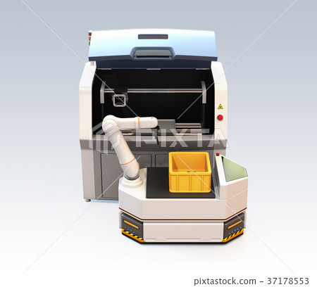 Image of AGV taking out molded parts from 3D printer with robot arm Image of AGV taking out molded parts from 3D printer with robot arm 37178553
