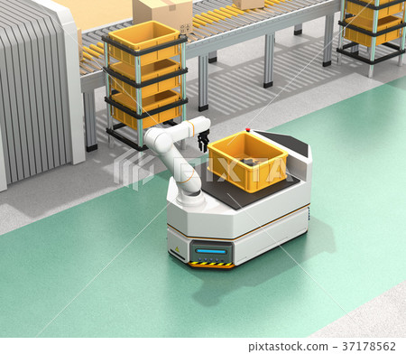 自動引導車輛的圖像,機器人手臂在皮帶輸送機旁邊運行。智能工廠的概念 自動引導車輛的圖像,機器人手臂在皮帶輸送機旁邊運行。智能工廠的概念 37178562