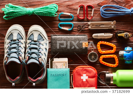 Travel items for hiking flat lay 37182699