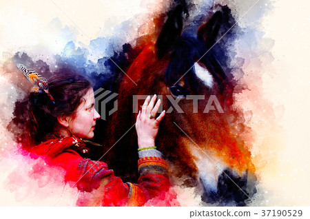 Loving horse and a girl, girl hugging a horse 37190529