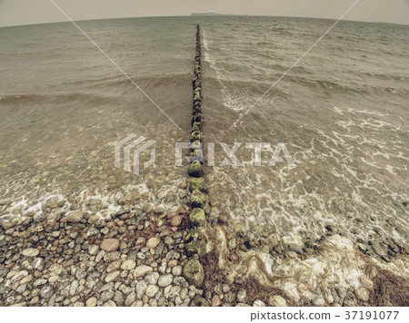 Wooden breakwaters in Baltic Sea with sun hidden 37191077