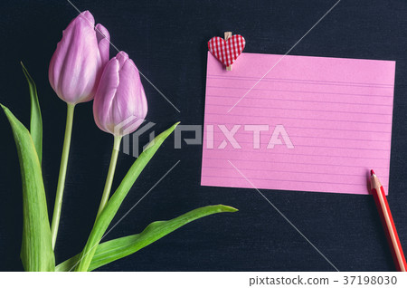 Tulips and paper note with a heart Tulips and paper note with a heart 37198030