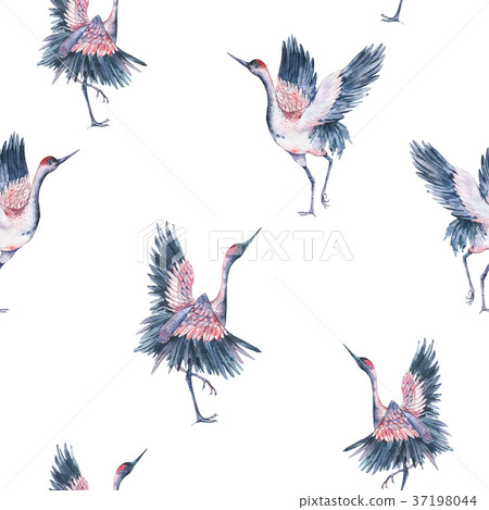 Watercolor seamless pattern with crane 37198044