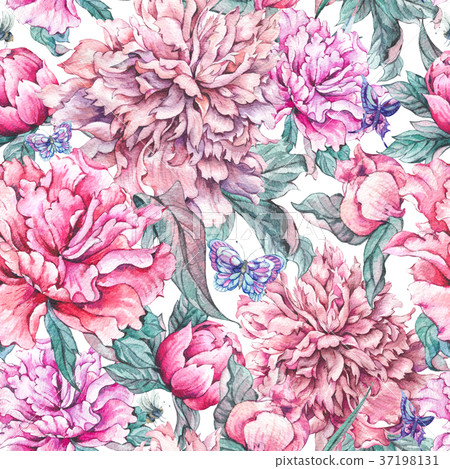 Watercolor seamless pattern pink flowers peonies - Stock Illustration ...