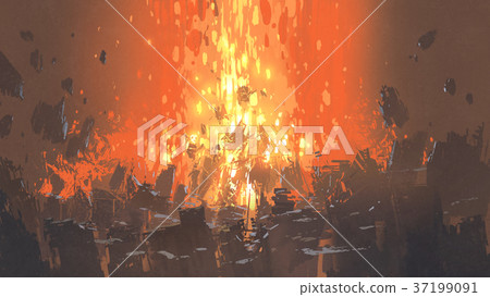 explosion with many fragment of buildings 37199091