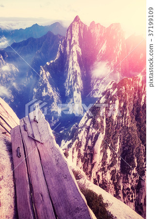 Plank Walk at Huashan Mountain at sunset, China. 37199109