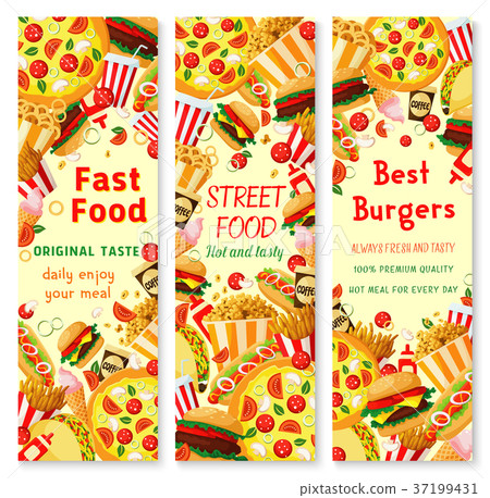 Fast food banner with frame of lunch meal, drinks Fast food banner with frame of lunch meal, drinks 37199431