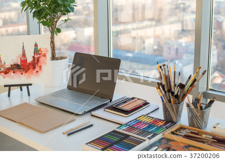 Painter workplace in order side view. Designer 37200206