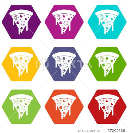 Slice of pizza with salami, melted cheese icon set color hexahedron Slice of pizza with salami, melted cheese icon set color hexahedron 37209386
