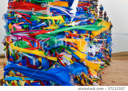 Wooden ritual pillars with colorful ribbons Hadak Wooden ritual pillars with colorful ribbons Hadak 37212387