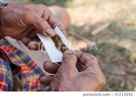 old man hand made cigarette rolling with smoking old man hand made cigarette rolling with smoking 37213042