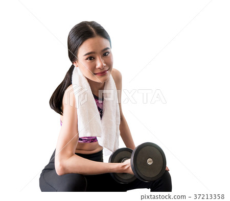 Asian fitness woman is lifting dumbbell isolated Asian fitness woman is lifting dumbbell isolated 37213358