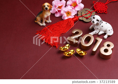 Dog with chinese new year decoration for year 2018 Dog with chinese new year decoration for year 2018 37213589