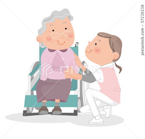 Helper woman caring for elderly woman in wheelchair. 37216116