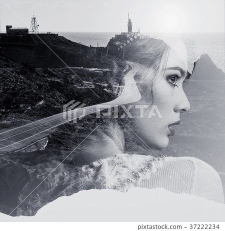 Double exposure. Portrait of woman combined with a mountain road 37222234