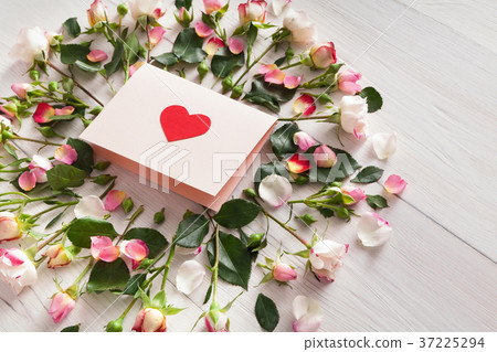 Handmade paper card in pink natural roses frame on 37225294