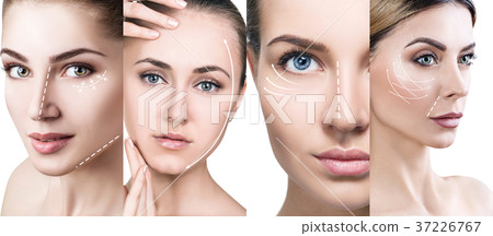 Collage of woman's faces with lifting arrows. Collage of woman's faces with lifting arrows. 37226767