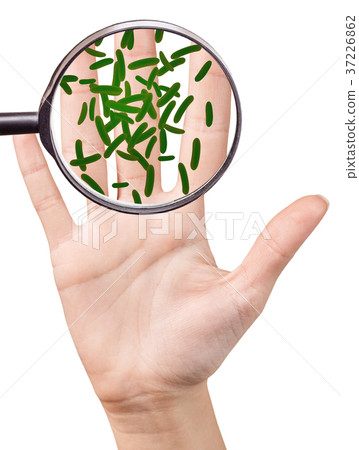 Microbes on humans hand shows by mygnifying glass Microbes on humans hand shows by mygnifying glass 37226862