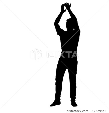 Silhouette of People with a raised hand on White Silhouette of People with a raised hand on White 37229445