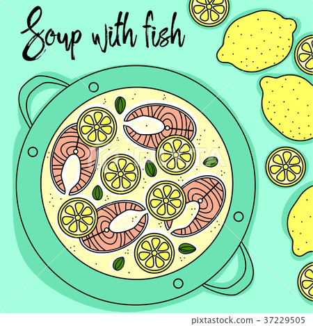 Soup with fish and lemon hand draw Soup with fish and lemon hand draw 37229505