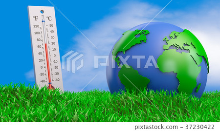 Thermometer and globe on the grass 37230422