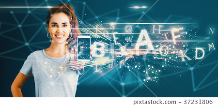 Alphabets with young woman holding out a 37231806