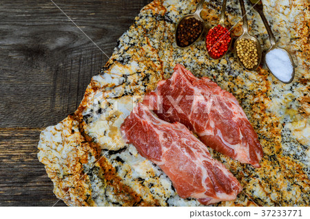 Raw steaks in grill pan ready to cook 37233771