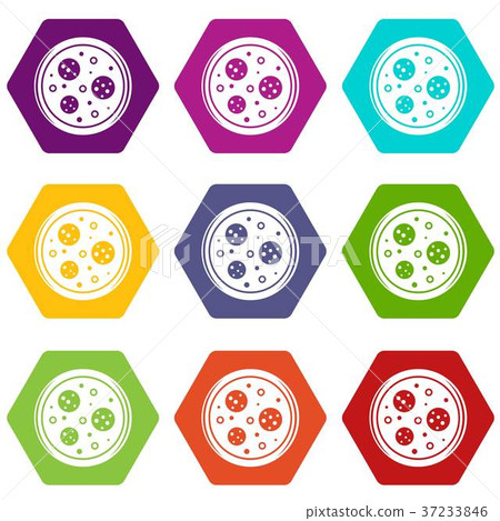 Tasty pizza with sausage and olives icon set color hexahedron Tasty pizza with sausage and olives icon set color hexahedron 37233846