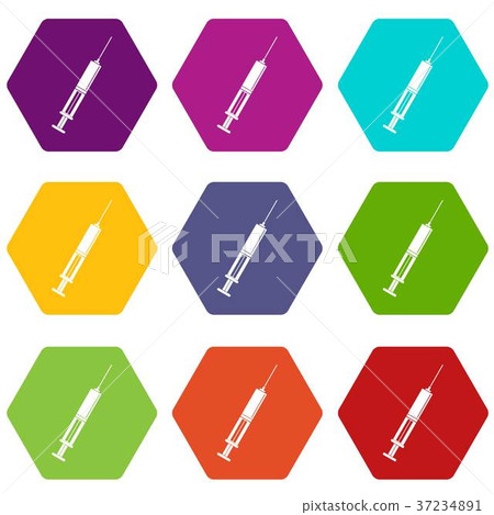 Syringe with liquid icon set color hexahedron Syringe with liquid icon set color hexahedron 37234891